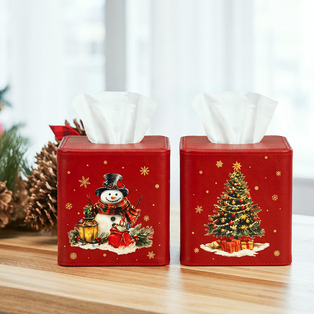 Thyle 2 Pcs Christmas Square Tissue Box Cover Red PU Leather Christmas Tree Snowman Tissue Box Holder Closure Xmas Decorations Cube Napkin Holder for Kitchen Car Home Office Living Room Bedroom