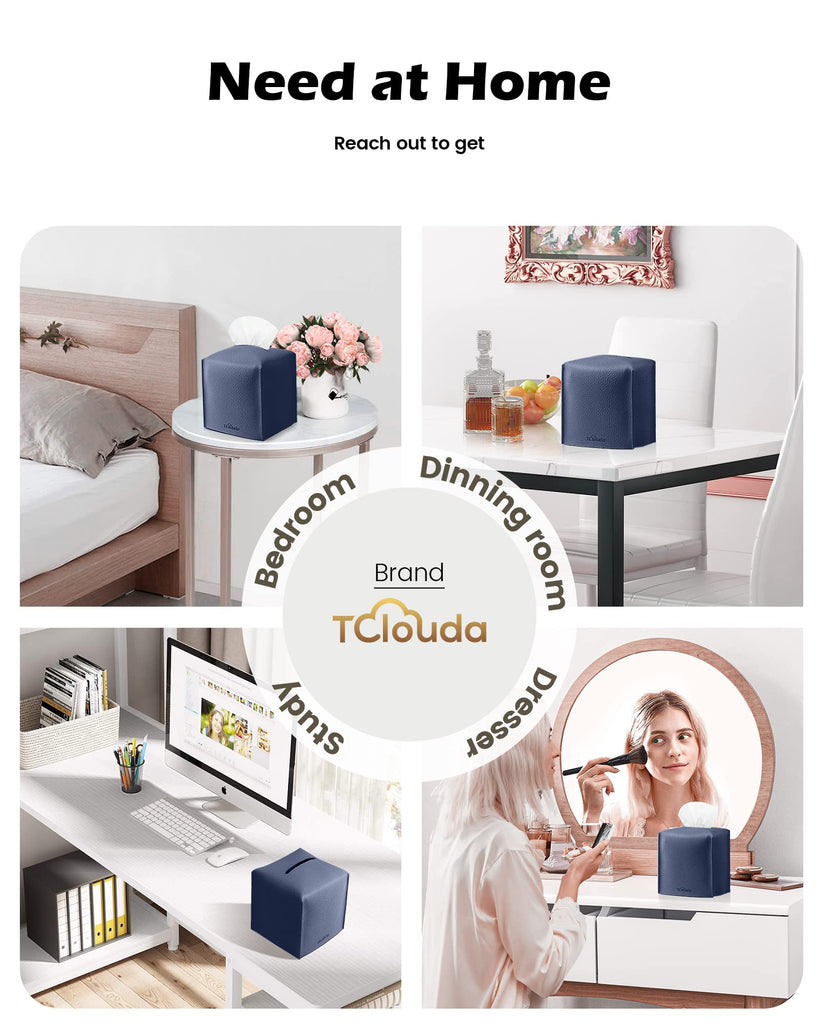 Tclouda Tissue Box Cover for PU Leather, Modern Simple Solid Color Holder Square Tissue Bag, Ideal for Bathrooms,Office,Car,Outdoor Tent,Dining Table,5"X5"X5", Double Navy Blue