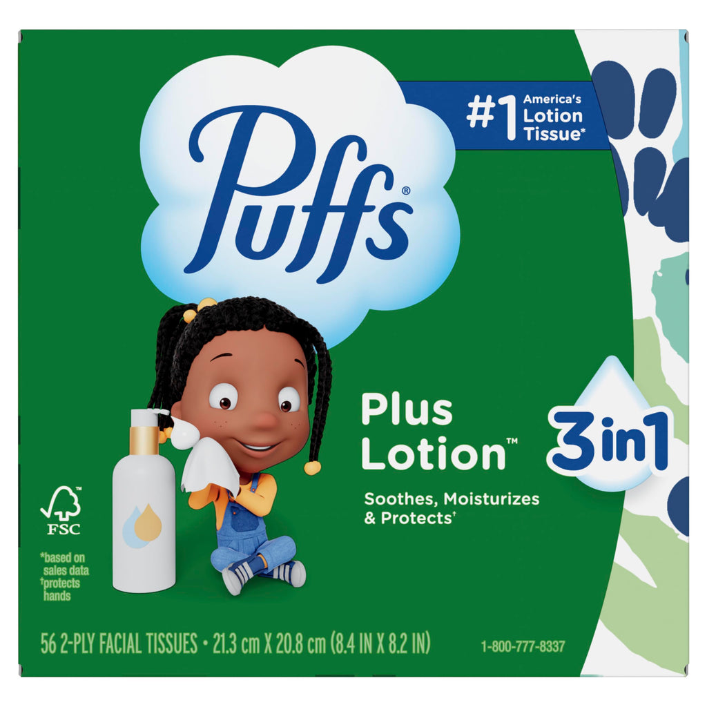 Puffs Facial Tissues Plus Lotion, 10 Cube Boxes, 56 Facial Tissues per Box, Allergies and Colds (Packaging May Vary)