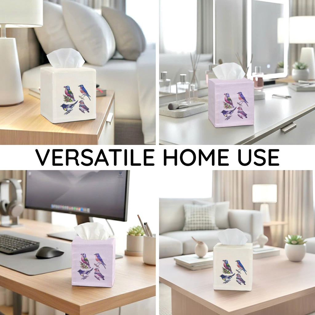 EmbroideryLinen.VN Square Tissue Box Cover Cute Set of 2, Four Birds