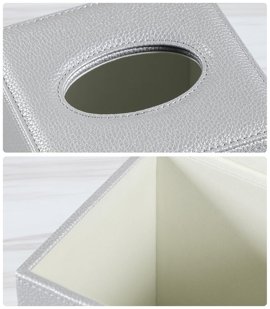 JLAMBOM PU Leather Tissue Box Cover Square Tissue Box Holder (Silver)