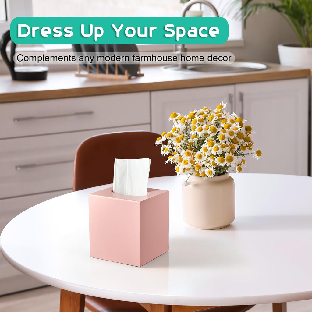 Pink Tissue Box Cover Square - Wood Tissue Box Holder for Tabletop Night Stands Bathroom Office - Decorative Facial Cube Tissue Box Dispenser