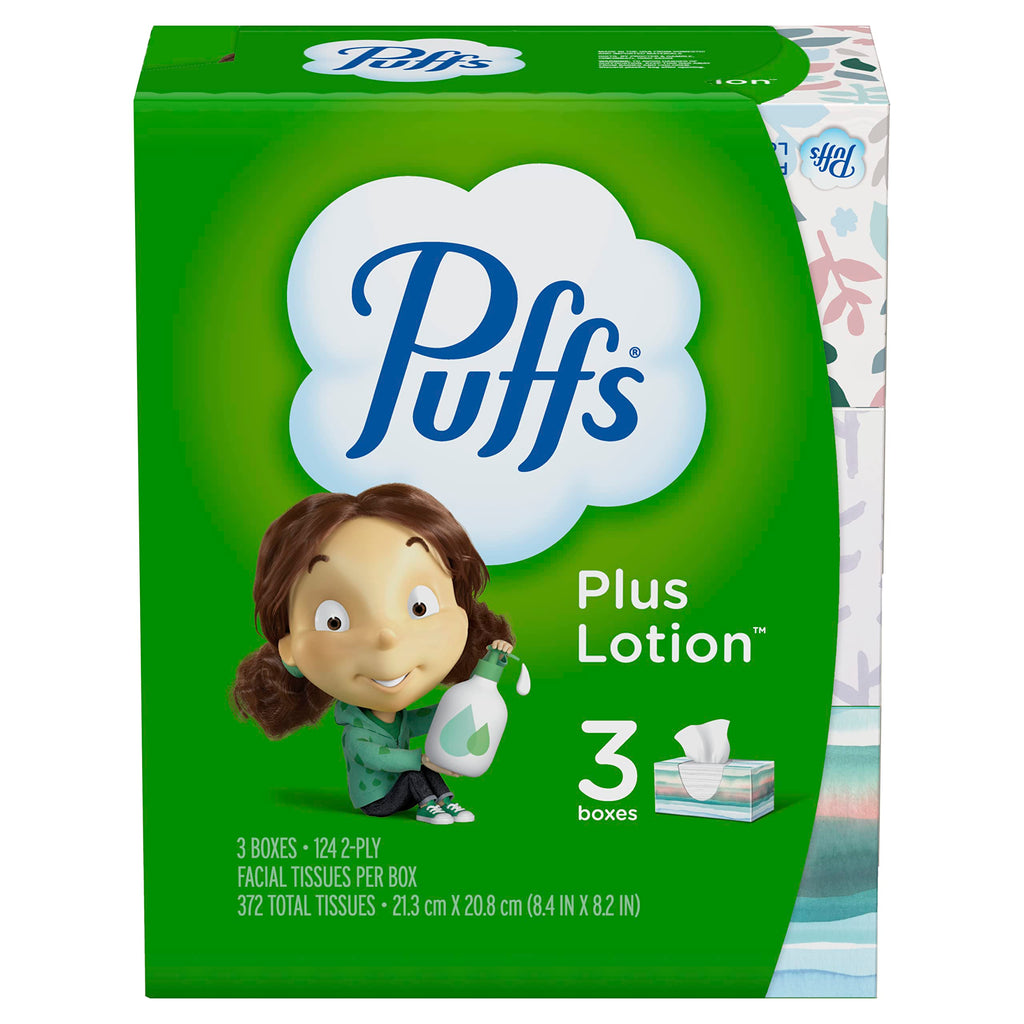 Puffs Plus Lotion Facial Tissue, 3 Family Boxes, 124 Tissues Per Box