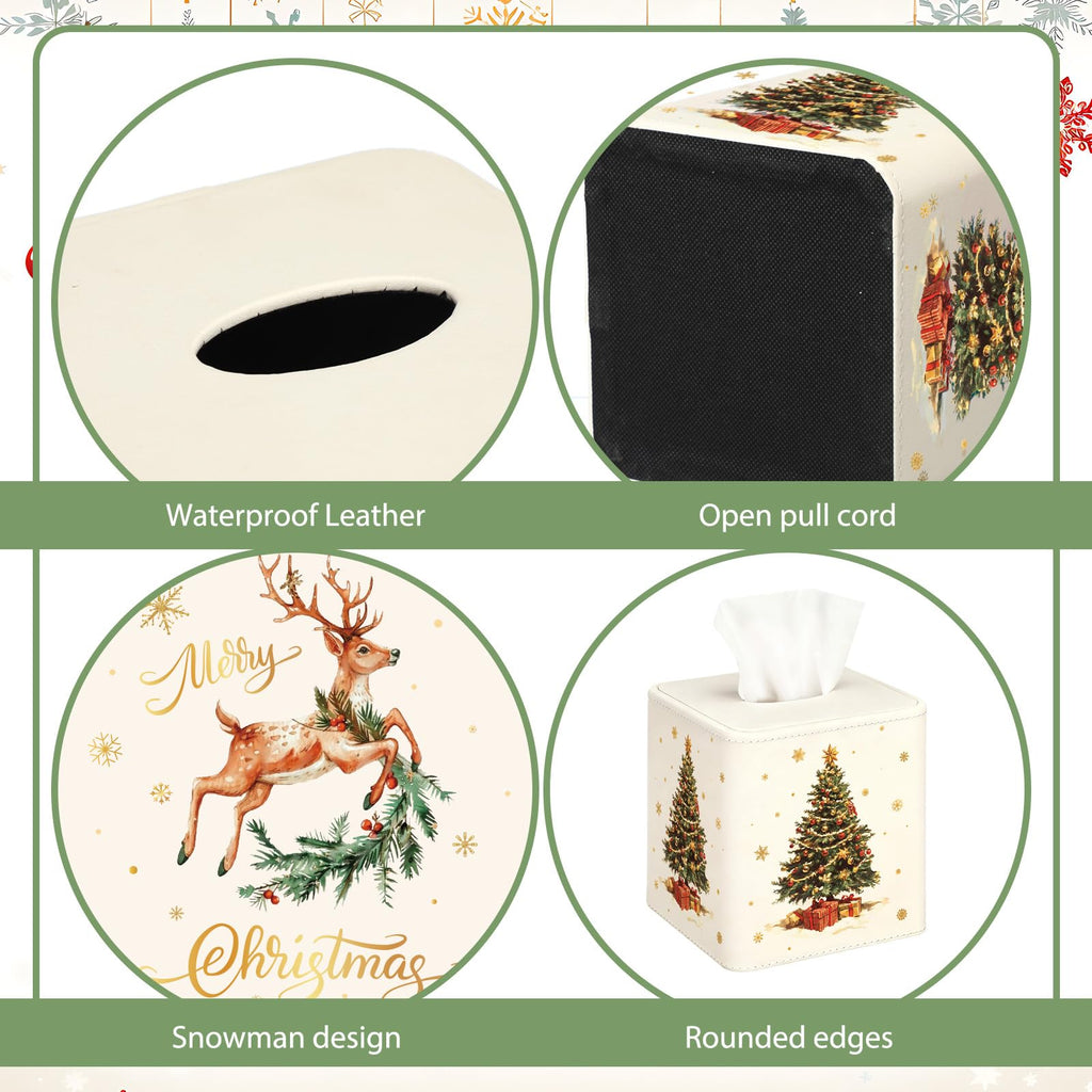 Thyle 2 Pcs Christmas Square Tissue Box Cover PU Leather Christmas Tree Reindeer Tissue Box Holder Closure Xmas Decorations Cube Napkin Holder for Kitchen Car Home Office Living Room Bedroom
