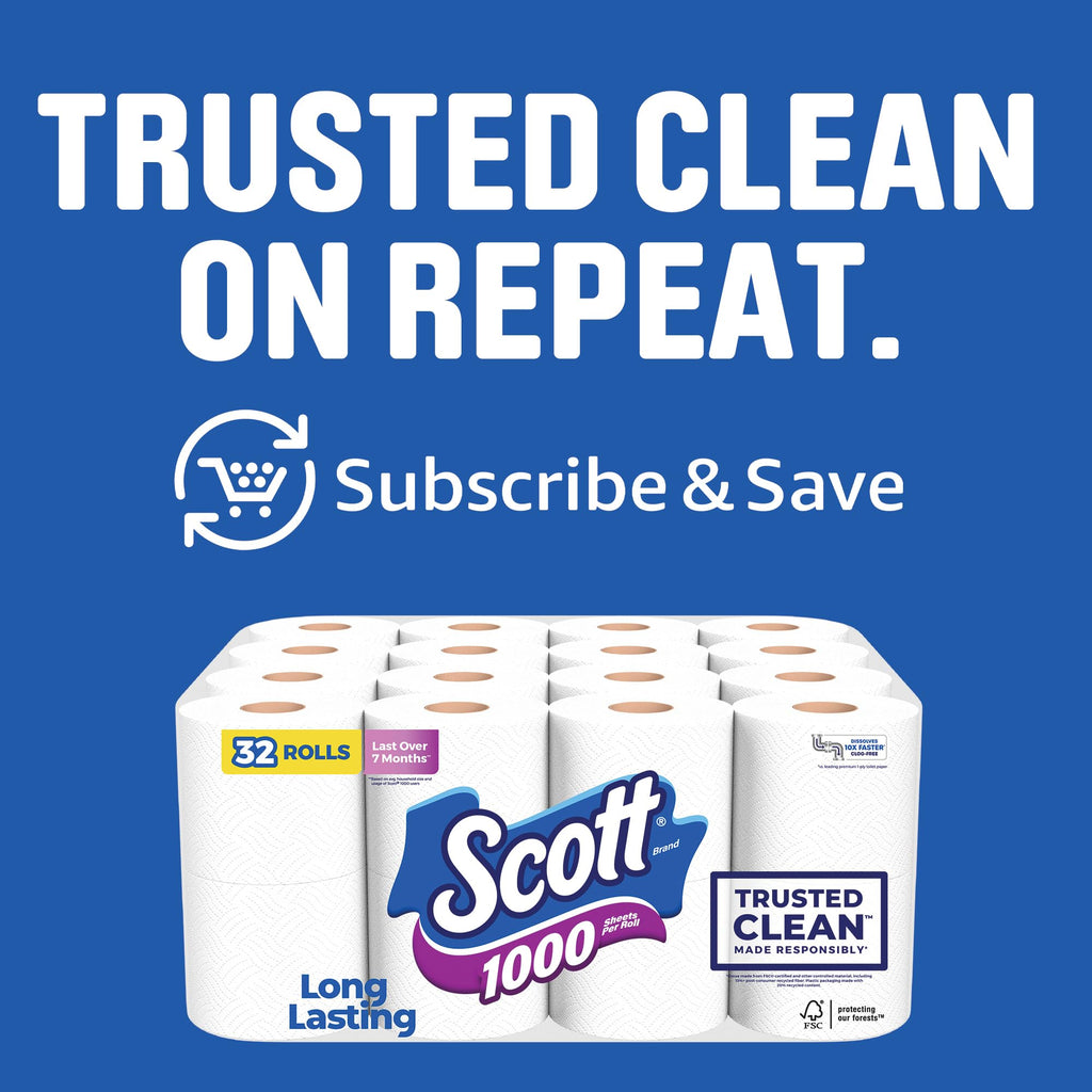 Scott 1000 Trusted Clean Toilet Paper, 32 Rolls, 1000 Sheets per Roll