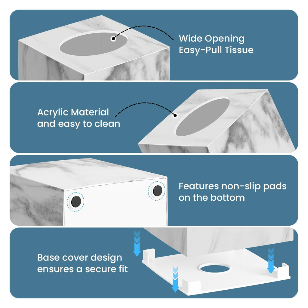 2 Pack Tissue Box Cover, Square Plastic Tissue Holder Non-Slip Base, Marble
