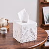 White Square Tissue Box Cover with Marble Relief Birds Branch Decorative