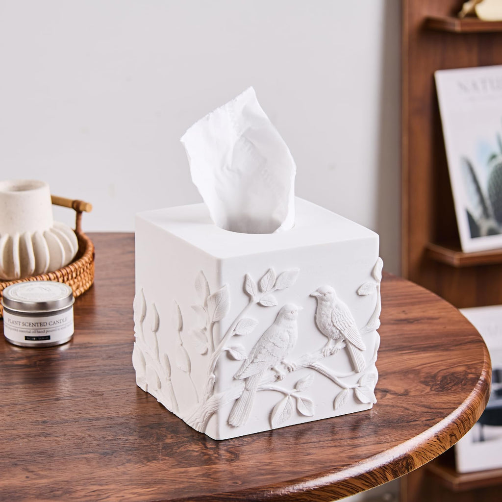 White Square Tissue Box Cover with Marble Relief Birds Branch Decorative