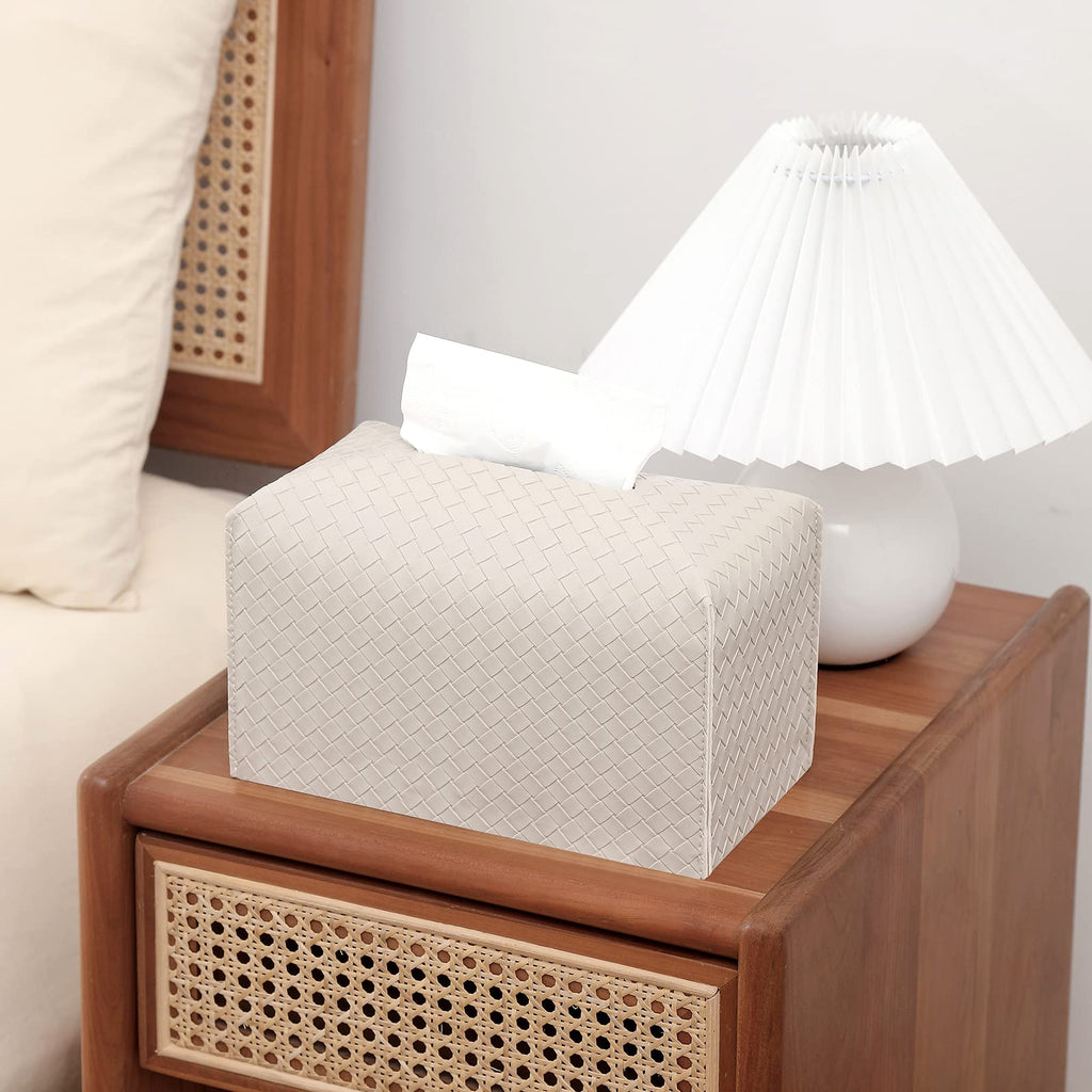 Tissue Box Cover PU Leather Tissue Holder Square Facial Tissue Case Facial Paper Organizer Dispenser for Bathroom, Vanity Countertop, Tabletop, Car, Rectangle, Griege
