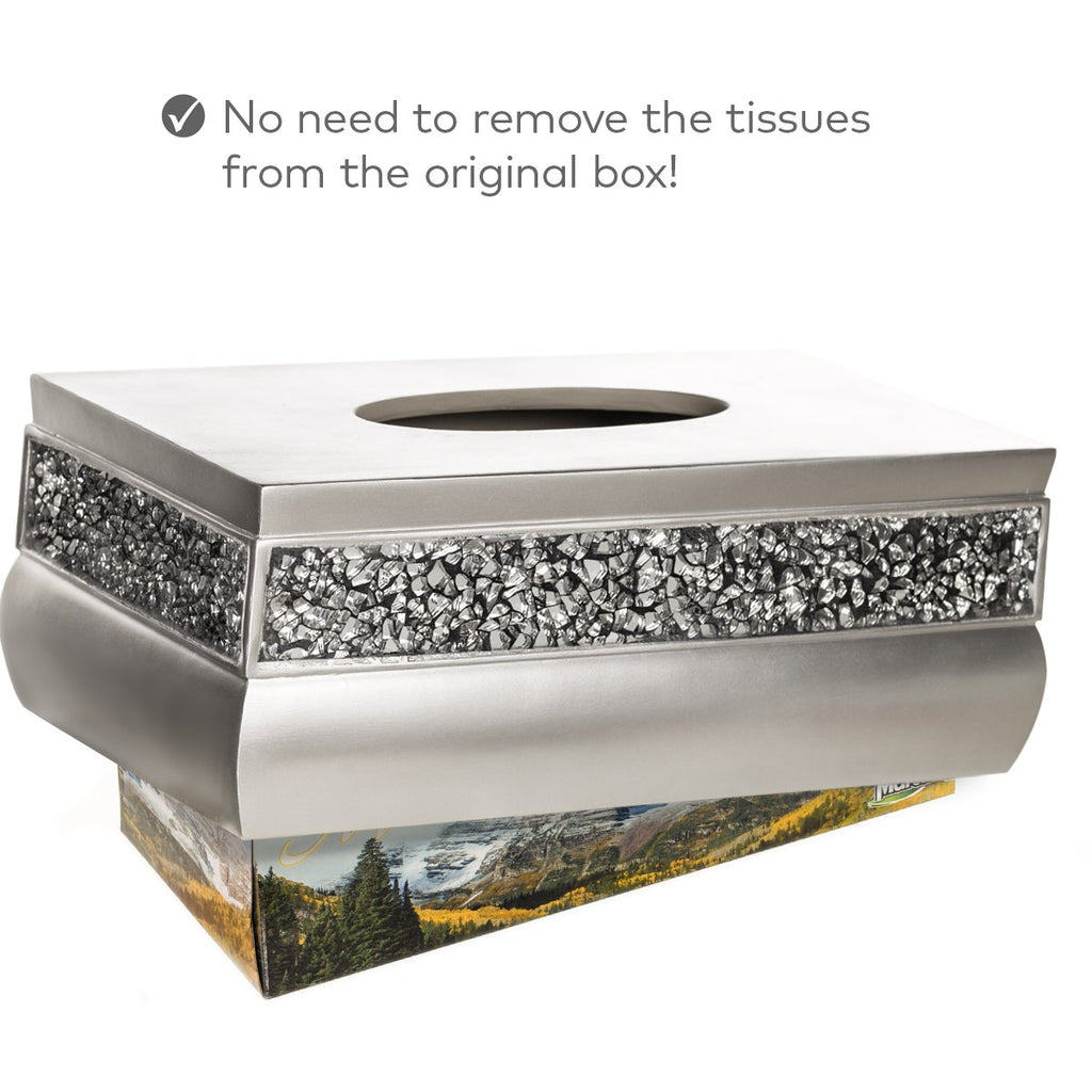 Crackled Glass Silver Tissue Box Cover Rectangular - Decorative Bling Tissue Box Holder With Beautiful Mosaic Glass - Elegant Tissue Holder For Bathroom With Durable Bottom Slider (Silver Collection)