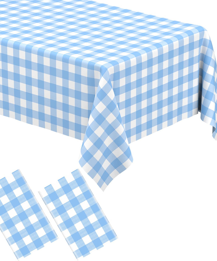 2 Pack Light Blue Gingham Tablecloth Rectangular Pale Blue and White Checkered Tablecloths Disposable Plastic Plaid Table Cover for Parties, Outdoor Picnic, Birthday, Wedding, Camping 54 × 108 Inch