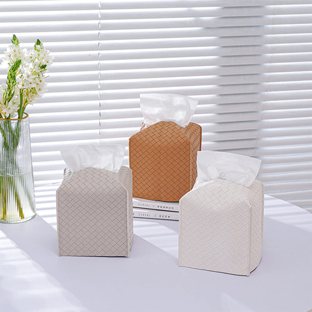 Tissue Box Cover Square Leather Facial Paper Holder, Griege