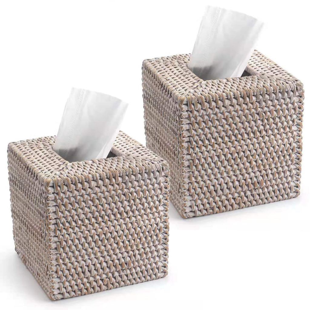 2 Pack Rattan Tissue Box Cover Square, Hand Woven Wicker Tissue Holder, 5.5 x 5.5 X 5.7 inch, Whitewash