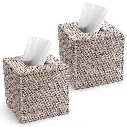 2 Pack Rattan Tissue Box Cover Square, Hand Woven Wicker Tissue Holder, 5.5 x 5.5 X 5.7 inch, Whitewash