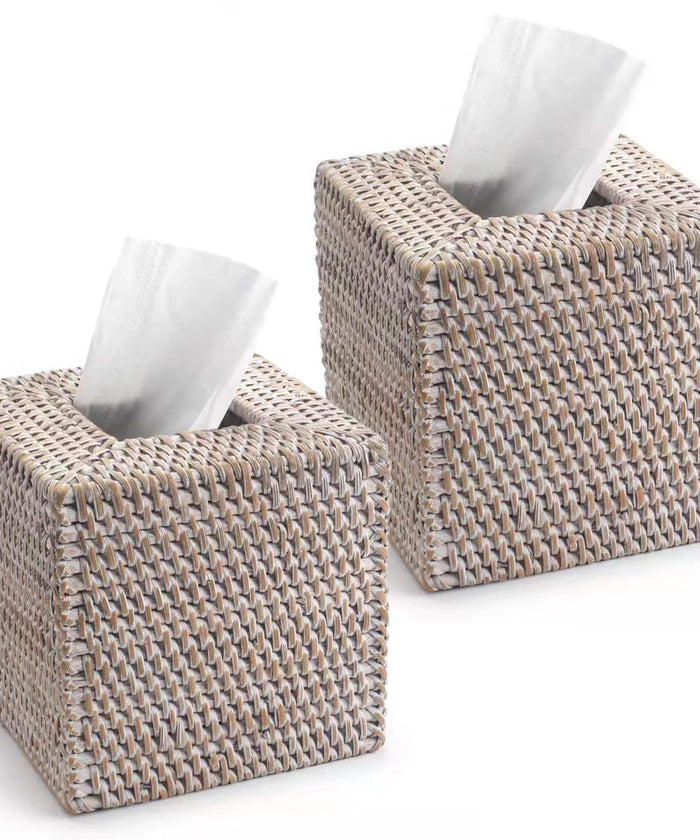2 Pack Rattan Tissue Box Cover Square, Hand Woven Wicker Tissue Holder, 5.5 x 5.5 X 5.7 inch, Whitewash