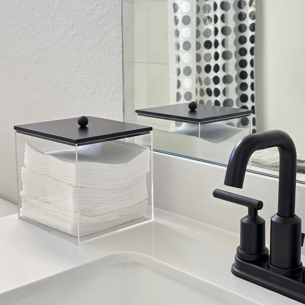 Puricon Acrylic Disposable Facial Towels Holder, Clear Storage Bin with Wood Lid Compatible with Clean Skin Club Towel (NOT Included), Face Towelettes Container for Bathroom Counter -Black