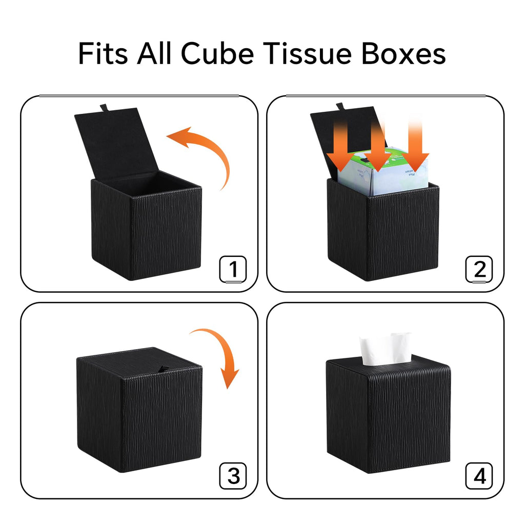 JLAMBOM PU Leather Tissue Box Cover Square, Cube Tissue Box Holder (Black)