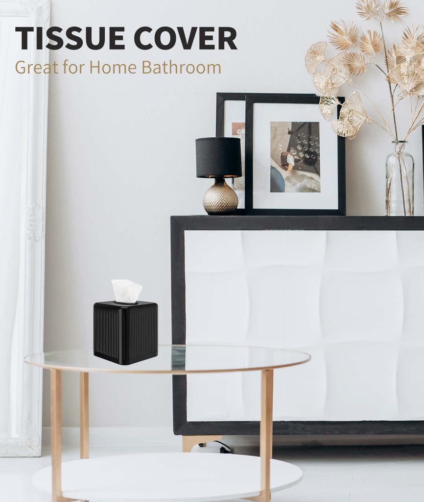 Livelab Square Plastic Tissue Box Holder with Base - Modern Cube Decorative Tissue Cover for Bathroom, Countertop, Living Room, Bedroom, Office - Black