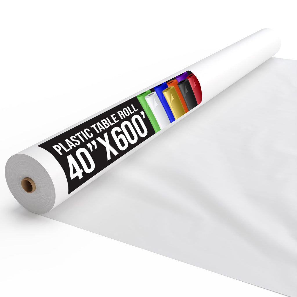 Exquisite White Plastic Table Cover Roll 40" X 600' Table Cloth Plastic Cover Roll - Premium Quality Thick 0.5 MIL Banquet Rolls - Disposable Tablecloth Rolls