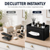 KINGFOM Ribbed PU Leather Tissue Box Cover with Storage Tray, Rectangular Facial Tissue Holder for Bathroom Vanity, Nightstand & Office Desk, Modern Decorative Tissue Dispenser (Matte Black)