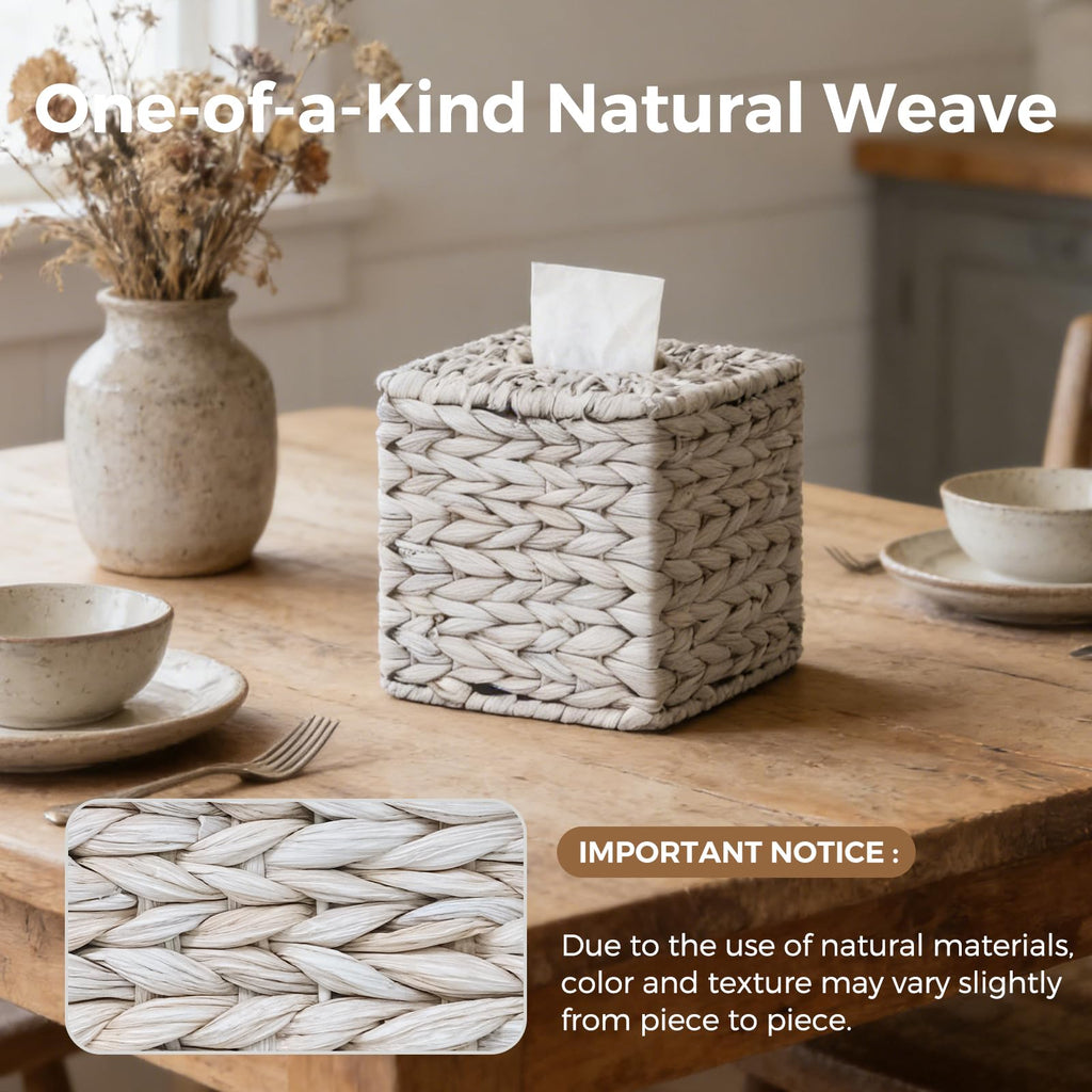 Wicker Tissue Box Cover Square, Handwoven Facial Tissue Box Holder, White