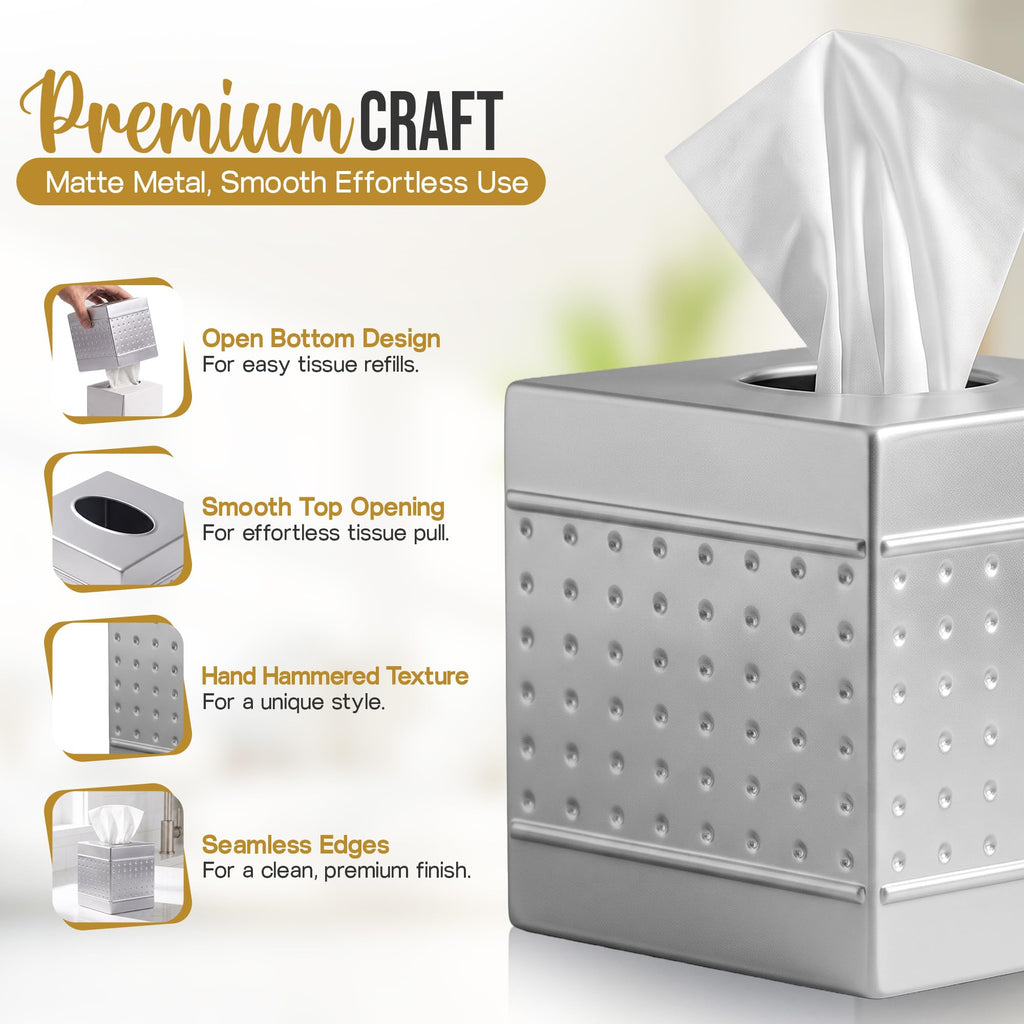 LUXMODE Handmade Metal Silver Tissue Box Cover – Square – 5x5x5.25 Inch – Open Bottom - Modern Tissue Holder for Bathroom, Living Room, Bedroom & Office Décor
