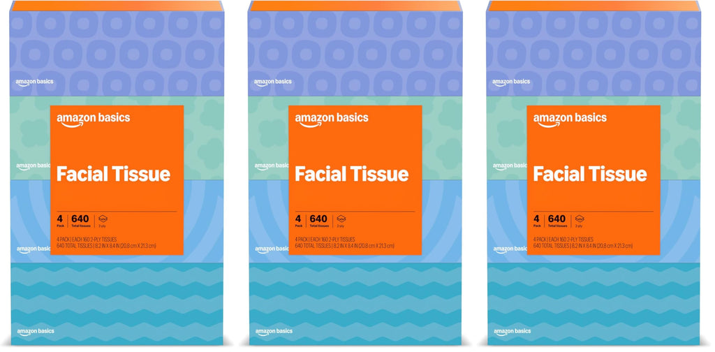 Amazon Basics Facial Tissue, 2-Ply, 1920 Count, 12 Packs of 160, Packaging May Vary