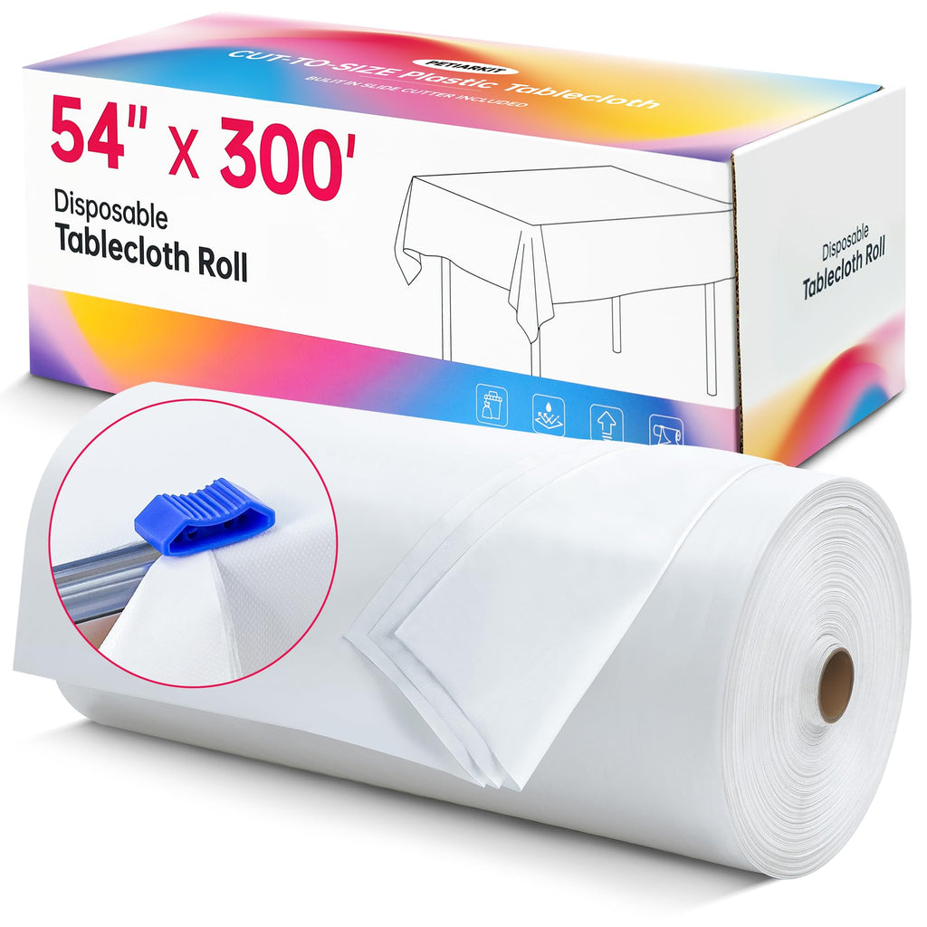 Plastic Table Cloth Disposable, 54In X 300Ft White Table Cover Roll