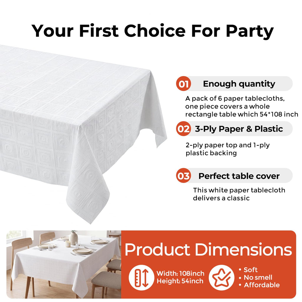 JHDZDHY White Paper Tablecloths 6 Pack, 54x108 Disposable Paper Table Cover with Plastic Backing, 3 Ply Paper & Plastic Table Cloth for 6-8 Ft Rectangle Tables Water Resistant Wedding Banquet