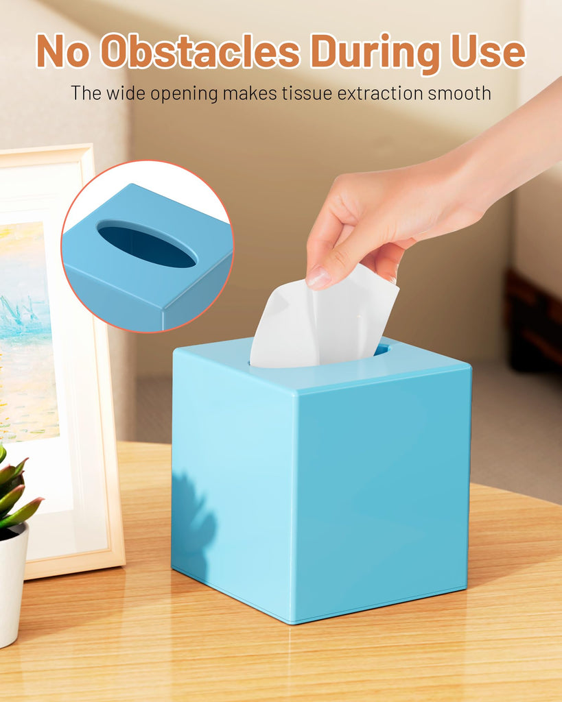 Tissue Box Cover, Square Plastic Tissue Box Holder with Anti Slip Base, Modern Decor Facial Napkin Holder for Bathroom Vanity Countertop, Bedroom Dresser, Night Stand, Parlors, Offices, Blue