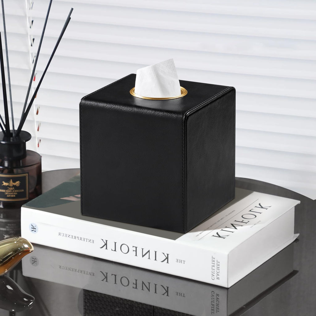 MEIBOOCH Square Tissue Box Cover with Magnetic Closure, Black