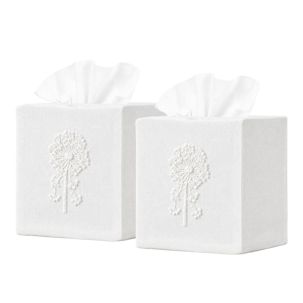 EmbroideryLinen.VN Square Tissue Box Cover Set of 2, White Dandelion