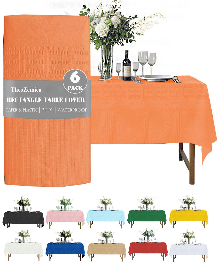 TheoZemica Orange Paper Tablecloths for Rectangle Tables 6 Pcs, 54"×108", Waterproof Paper Table Cloth with Plastic Backing, Disposable 3-Ply Paper & Plastic Table Cover for Party Fall Thanksgiving