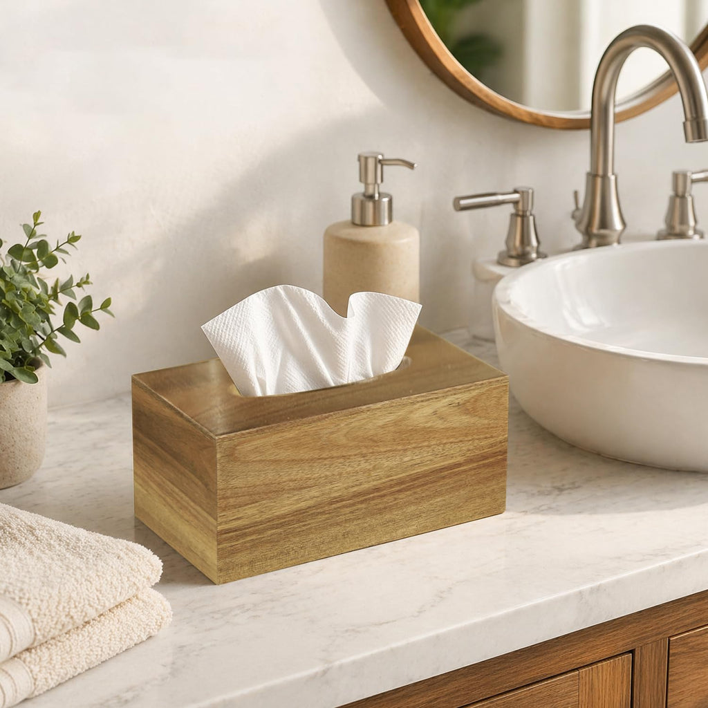Tissue Box Cover, Wood Tissue Box Holder Rectangle with Slide-Out Bottom