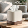 Y-in Hand Square Tissue Box Cover, Facial Cube Tissue Box Holder with Decorative Wood Grain Bottom for Bathroom Vanity, Countertop, Dresser, Nightstand, and Office - Beige