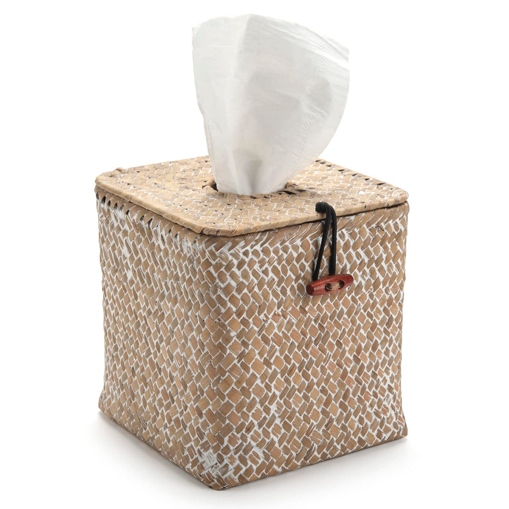 Tissue Box Cover Square, Seagrass Tissue Box Holder, Woven Facial Tissue Holder, Rattan Wicker Tissue Box, Decorative Tissue Cover for Dinner Table, Living Room, Bathroom, Bedroom, Office (Whitewash)