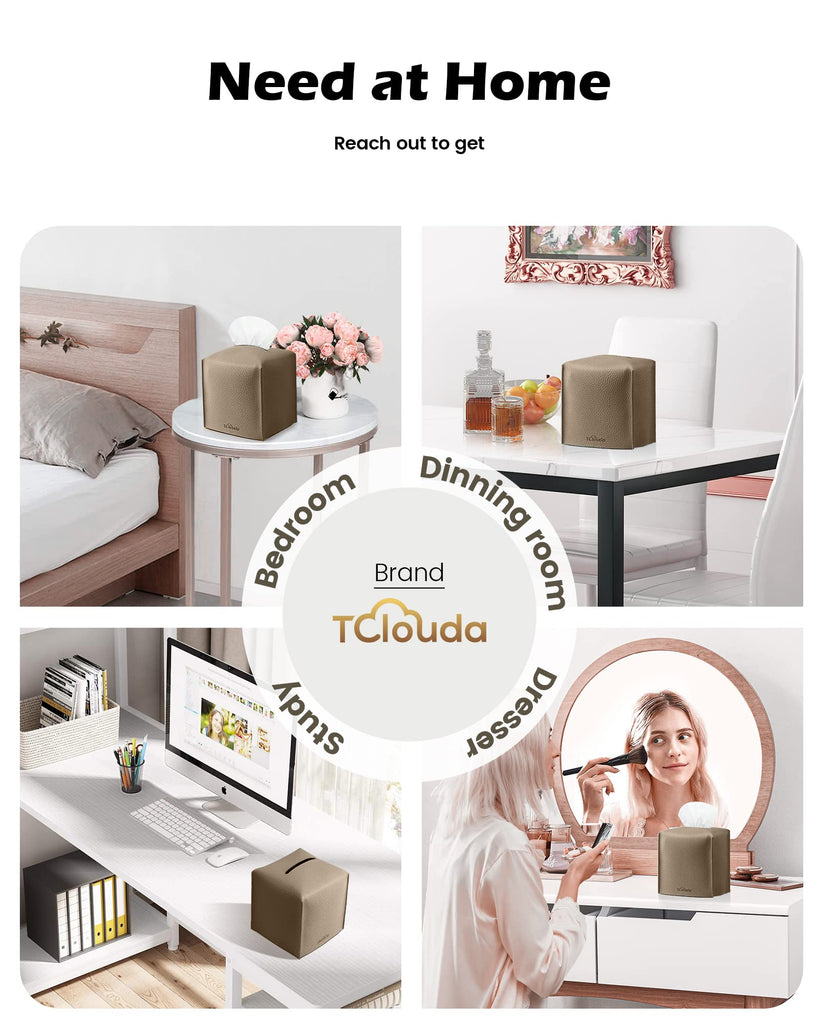 Tclouda Tissue Box Cover for PU Leather, Modern Simple Solid Color Holder Square Tissue Bag, Ideal for Bathrooms,Office,Car,Outdoor Tent,Dining Table,5"X5"X5", Double Cocoa Brown