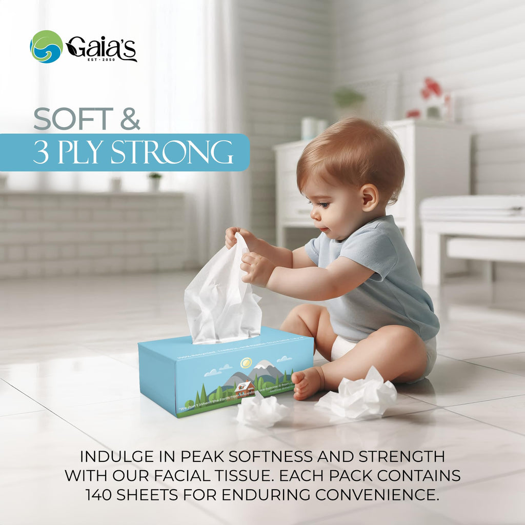Gaias Premium 3 Ply Facial Tissues, Strong and Soft, 140 Sheets (1680 Sheets - 12 Pack) Made From Bamboo, Zero Plastic Packaging, Eco-Friendly, Sustainable, Non-Lotion Bulk Pack