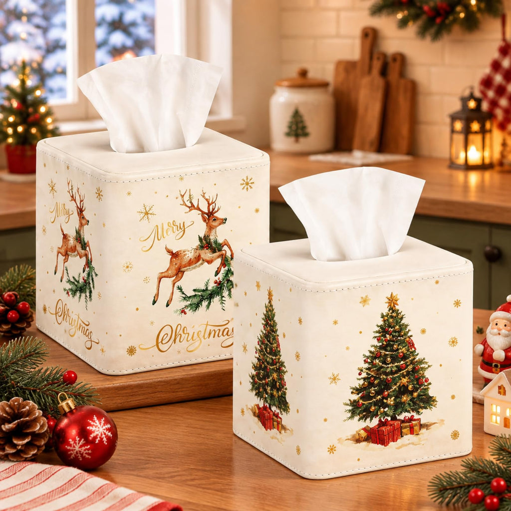 Thyle 2 Pcs Christmas Square Tissue Box Cover PU Leather Christmas Tree Reindeer Tissue Box Holder Closure Xmas Decorations Cube Napkin Holder for Kitchen Car Home Office Living Room Bedroom