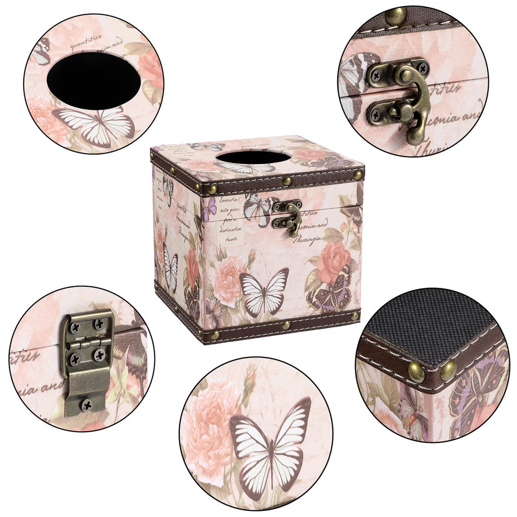 Hoowen Butterfly Tissue Box Cover, Wood Square Tissue Holder, Stylish Pink