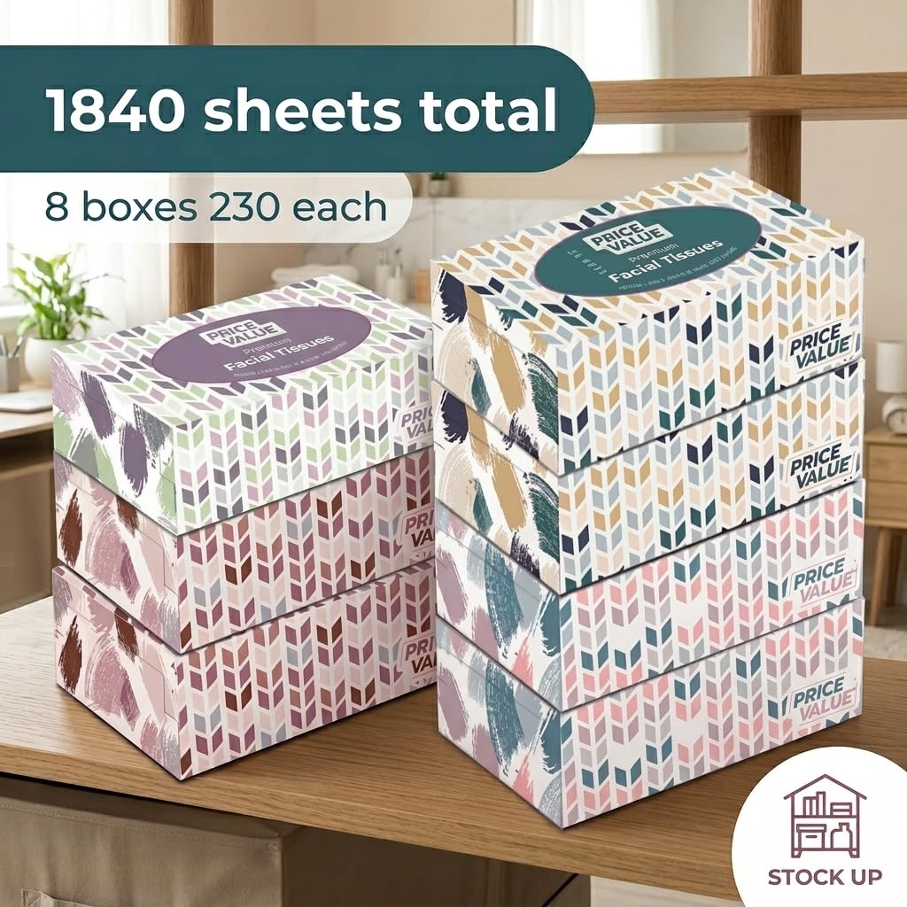 Price Value Facial Tissues, Soft Facial Tissue - 8 Boxes, 230 Sheets Per Box (1,840 Total Sheets), Gentle & Durable Tissue Boxes Bulk for Home, Office & Travel (Pack of 2)