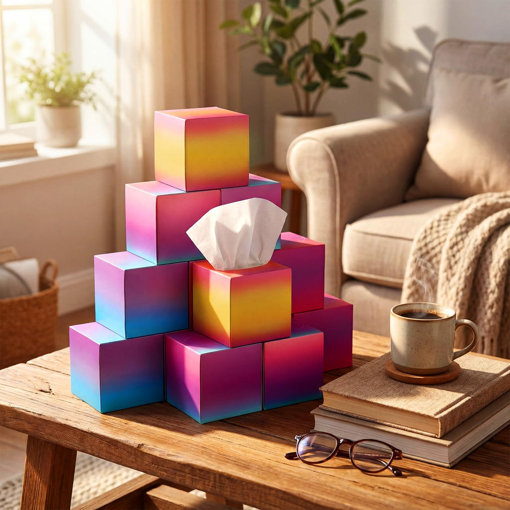 Fourluoo 12 Pack Facial Tissues Cube Boxes Face Box 600 Sheets 3 Ply Soft Paper Square Tissues Bulk for Car Pocket Toilet Household Bedroom Family(Gradient Color)