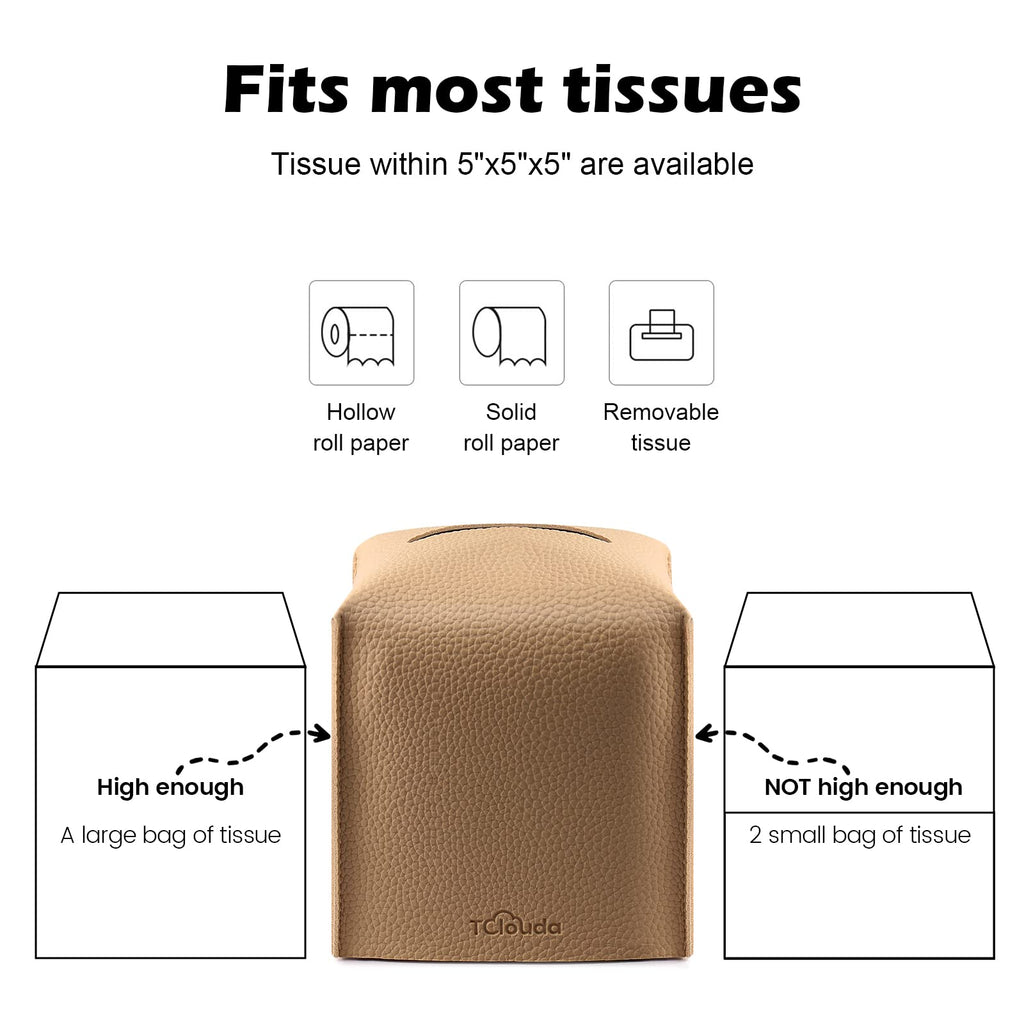 Tissue Box Cover, Tclouda, Modern PU Leather Square Tissue Box Holder for Creative Decorative, Ideal for Bathrooms/Office/Car/Nightstand/Outdoor Tent/Dining Table, 5"X5"X5", Single Claybank