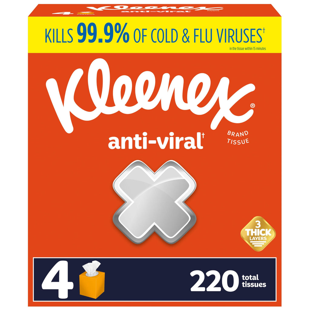 Kleenex Anti-Viral Facial Tissues, Classroom or Office Tissue, 4 Cube Boxes, 55 Tissues per Box, 3-Ply (220 Total Tissues)