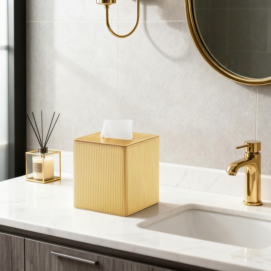 Cretkhp PU Leather Square Tissue Box Cover Tissue Box Holder Cube (Gold)