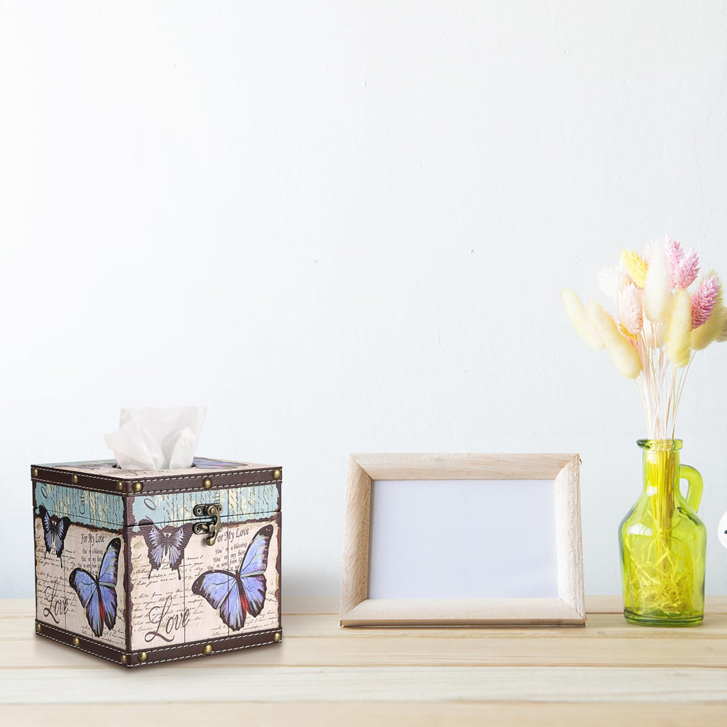 Hoowen Butterfly Tissue Box Cover, Wood Square Tissue Holder, Bluish Purple