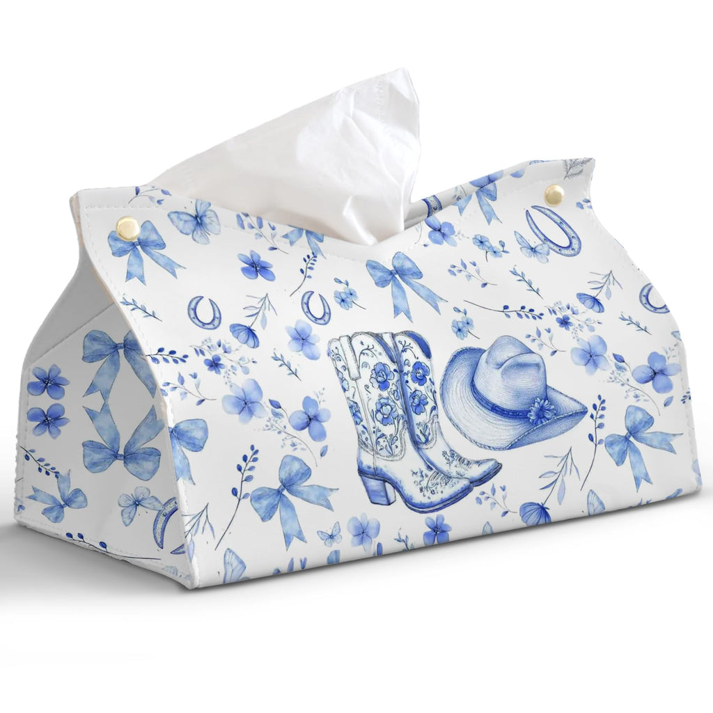 PaJiaNi Blue Western Cowgirl Tissue Box Cover Rectangle,Blue and White Floral Toilet Paper Box Holder,Leather Decorative Facial Paper Case for Living Room Bathroom Kitchen Office Desk,9.8x5.9x5.9In
