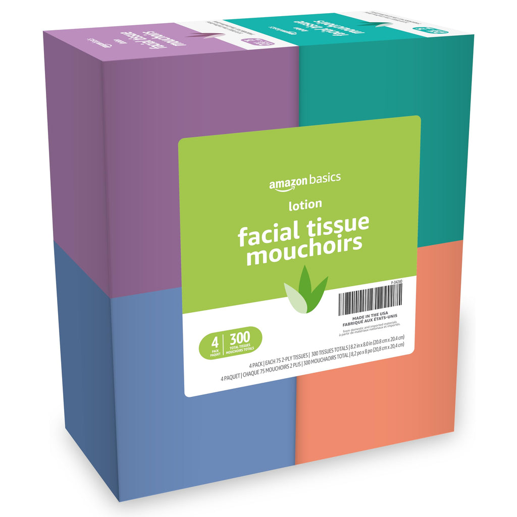 Amazon Basics Facial Tissues with Lotion, 2-Ply, 300 Count (4 Boxes, 75 Tissues per Box), Packaging May Vary