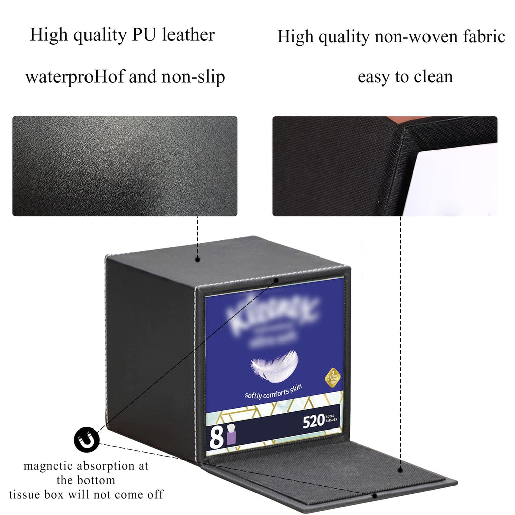 RHCSZ PU Leather Tissue Box Cover Square,Upgrade Large Size Napkin Holder Pumping Paper Case Dispenser,Facial Tissue Holder with Magnetic Bottom for Home Office Car Hotel Restaurant Black (Black-1)