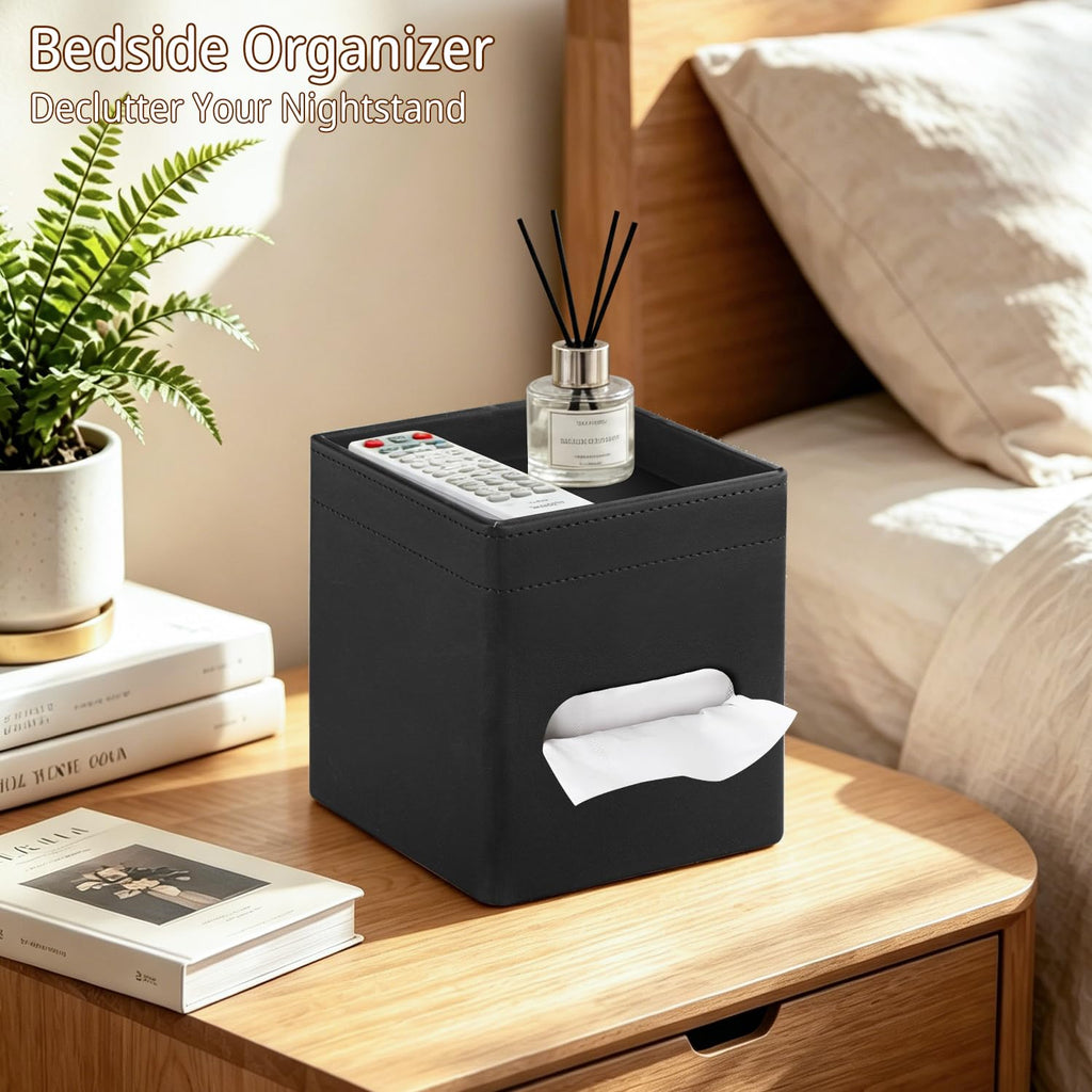 PUSU Square PU Leather Tissue Box Cover with Top Storage Tray Modern Decor